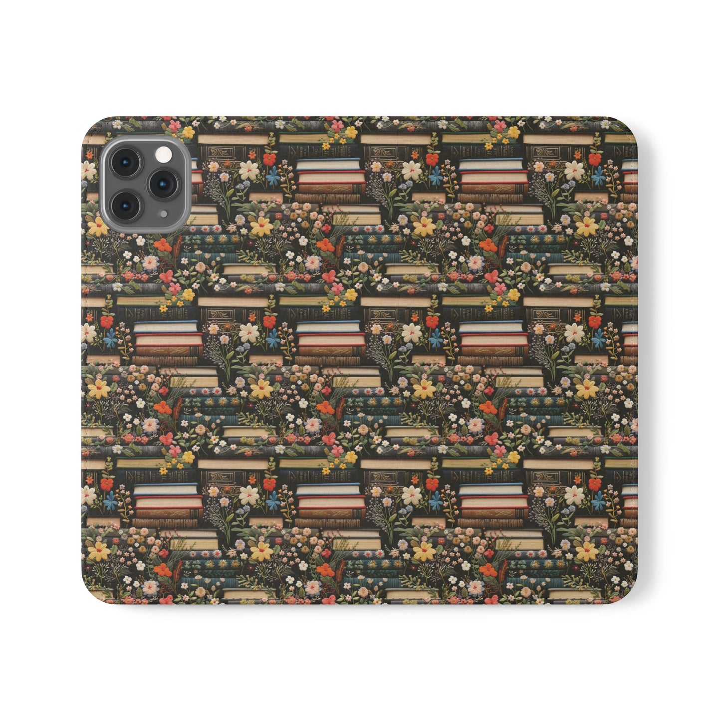 Book Stack Floral Flip iPhone and Samsung Phone Case — Vintage Library Wallet Cover.