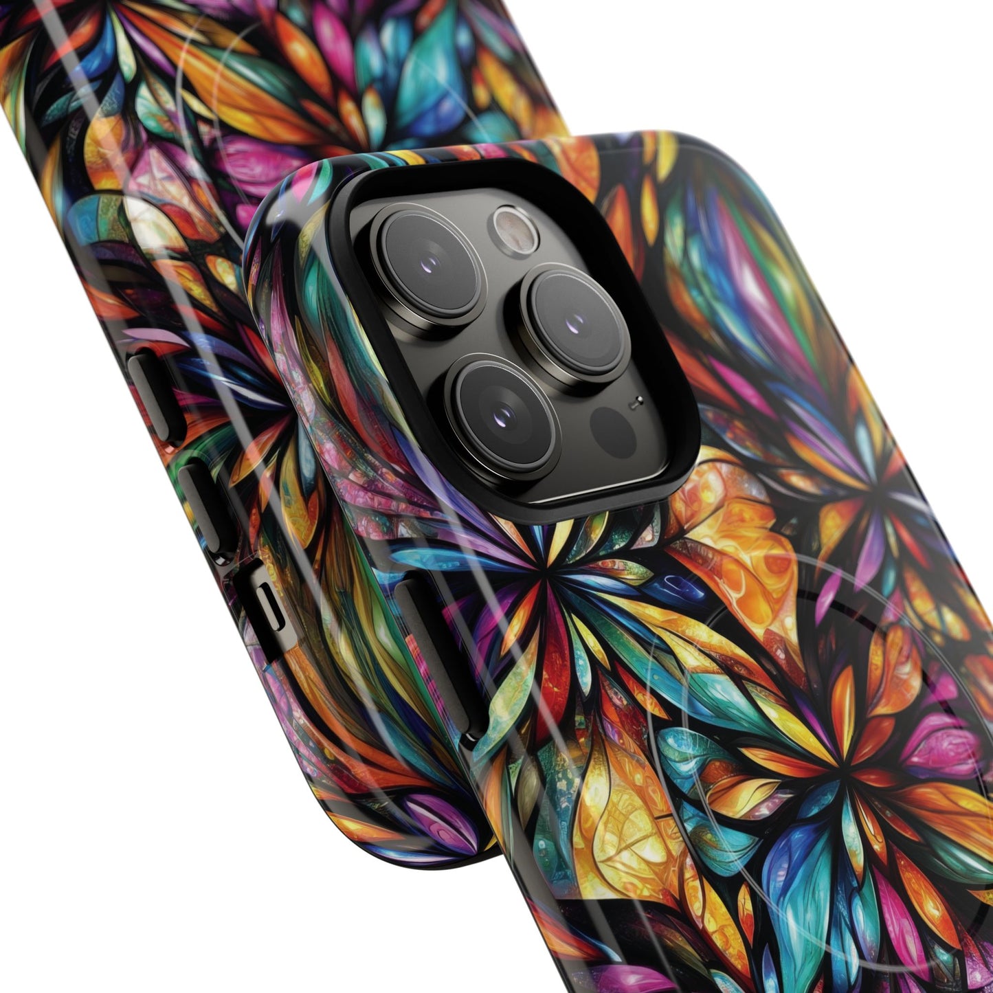 Luminous Whirl Tough Magnetic iPhone Cases, Vibrant Protection, Unique Floral Print, Durable Cover, Gift for Tech Lovers, iPhone Accessory, Stained Glass iPhone Design.