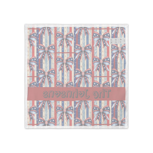 Personalized Patriotic Napkin Set — 4 Red White Blue Cocktail Napkins with Stars & Stripes Bow (Custom Name)