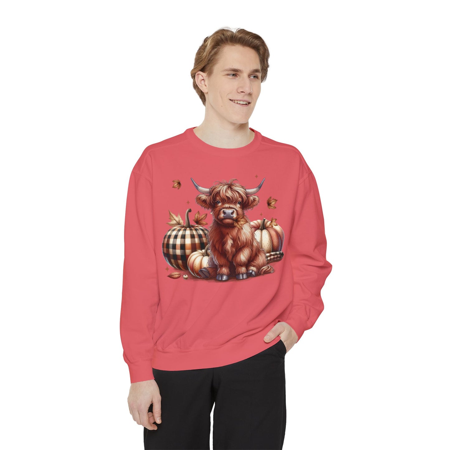 Autumn Highland Cow Charm Unisex Garment-Dyed Sweatshirt