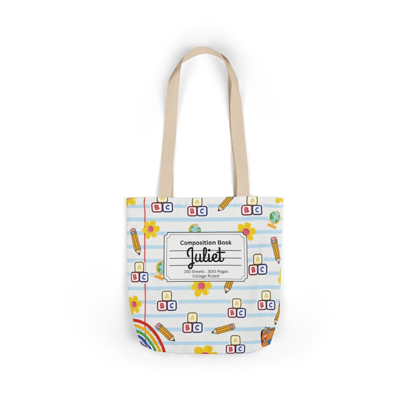 Personalized White Schoolyard Chic Composition Book Inspired Canvas Tote Bag with Colorful Straps, Cute School Bag, Eco-Friendly Tote, Back to School Shopping Bag, Teacher Gift Idea