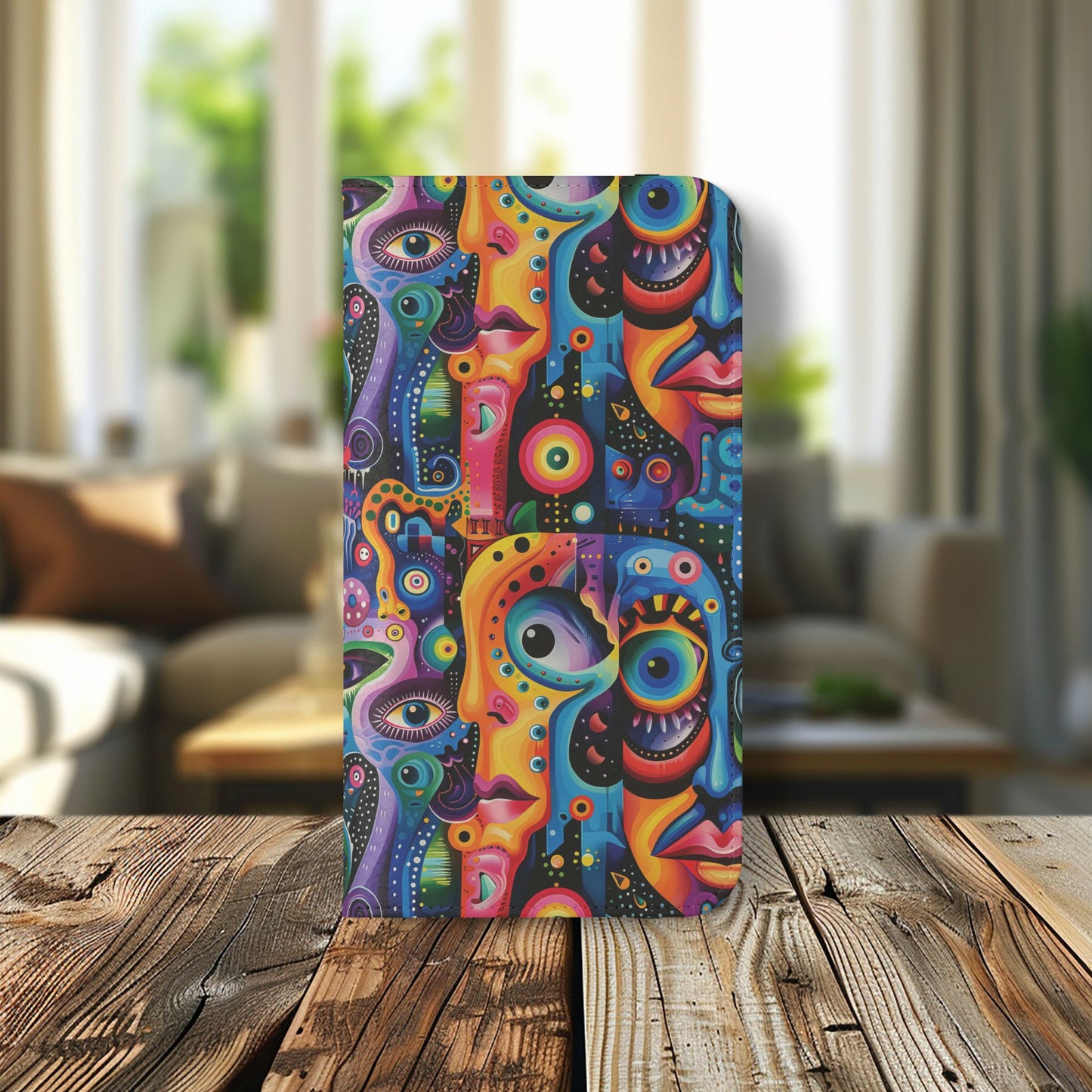 Psychedelic Visions Vibrant Art Flip iPhone and Samsung Phone Case - Colorful Faces Design for Phone Protection