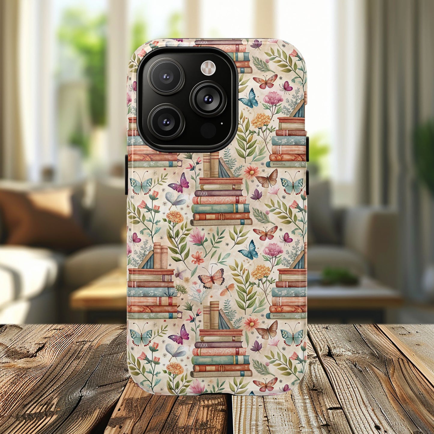 Colorful Bookworm Tough Magnetic iPhone Case,  Floral Butterfly Print, Gift for Readers, Tough IPhone Protective Cover, Bookish iPhone Case.