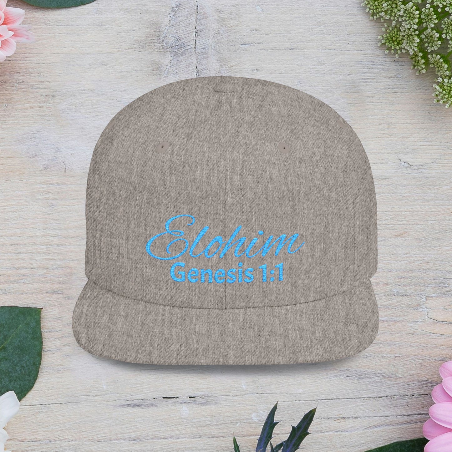 Teal Embroidery 'ELOHIM, GENESIS 1:1' Flat Bill Snapback Hat, Stylish Cap for Everyday Wear, Church Events, Gift for Him/Her, Streetwear Accessory, Casual Fashion