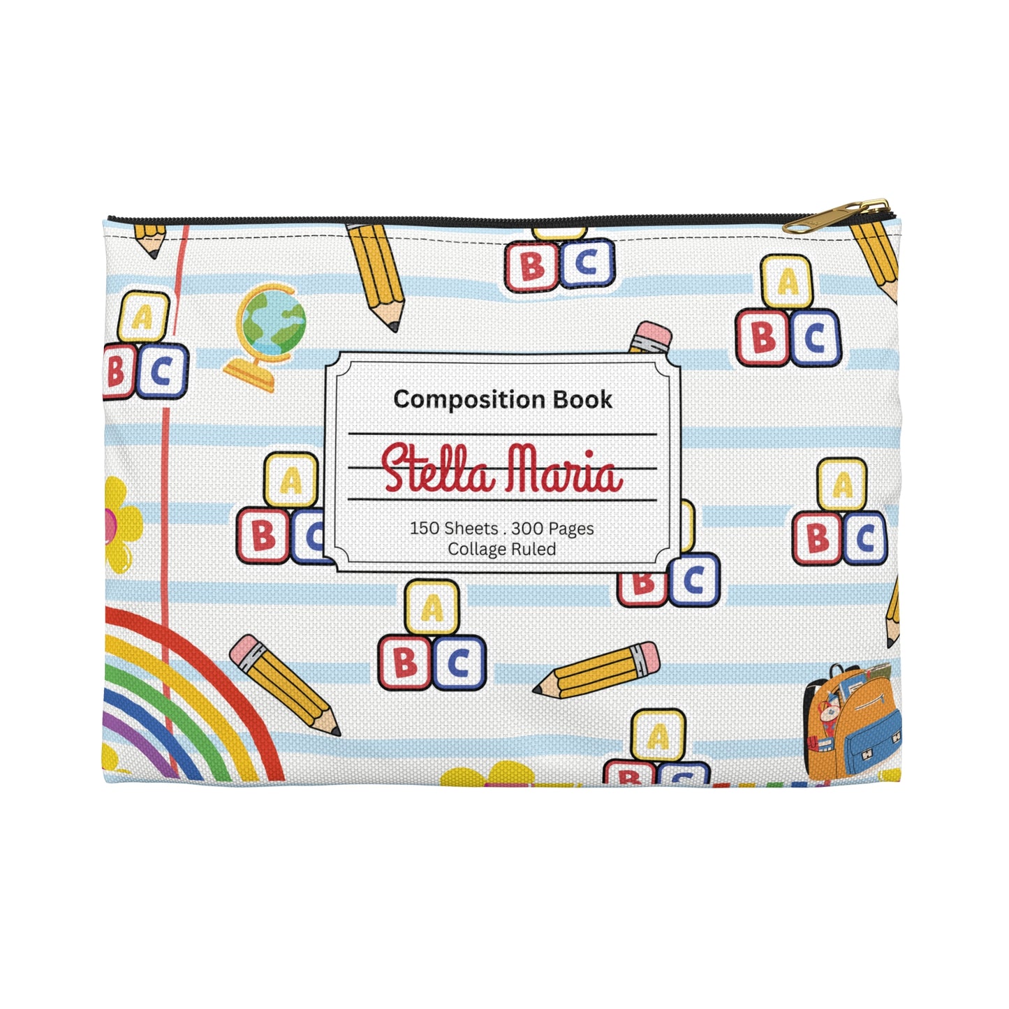 Personalized White SchoolYard Chic Composition Book Inspired Accessory Pouch, Kids School Supplies, Classroom Organizer, Teacher Gift, Fun Stationery Case, Back to School