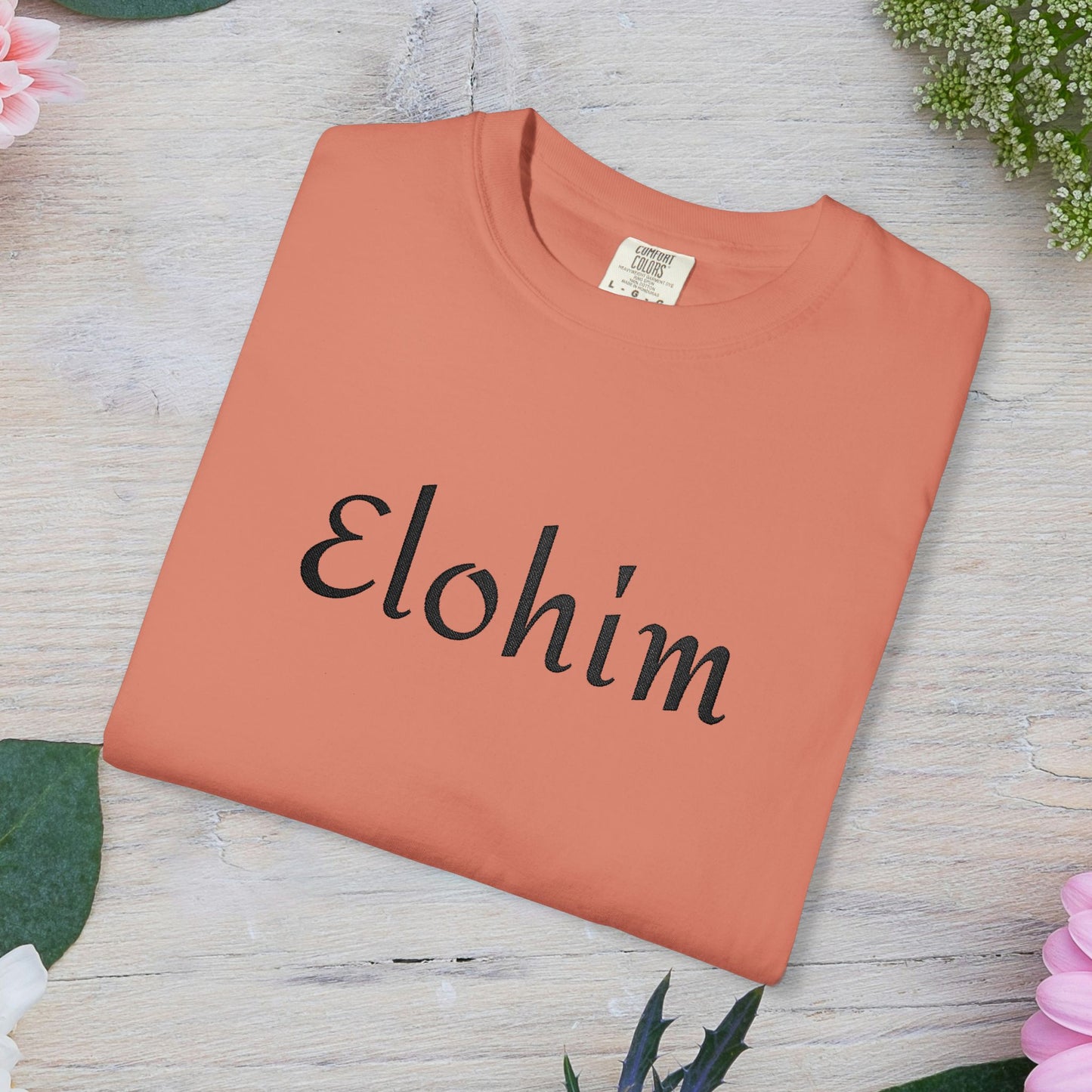 Embroidery 'ELOHIM, GENESIS 1:1' - Faith-Based Unisex Garment-Dyed Comfort Colors T-shirt, Faith Gift Tee, Religious Tee, Embroidery Tee.