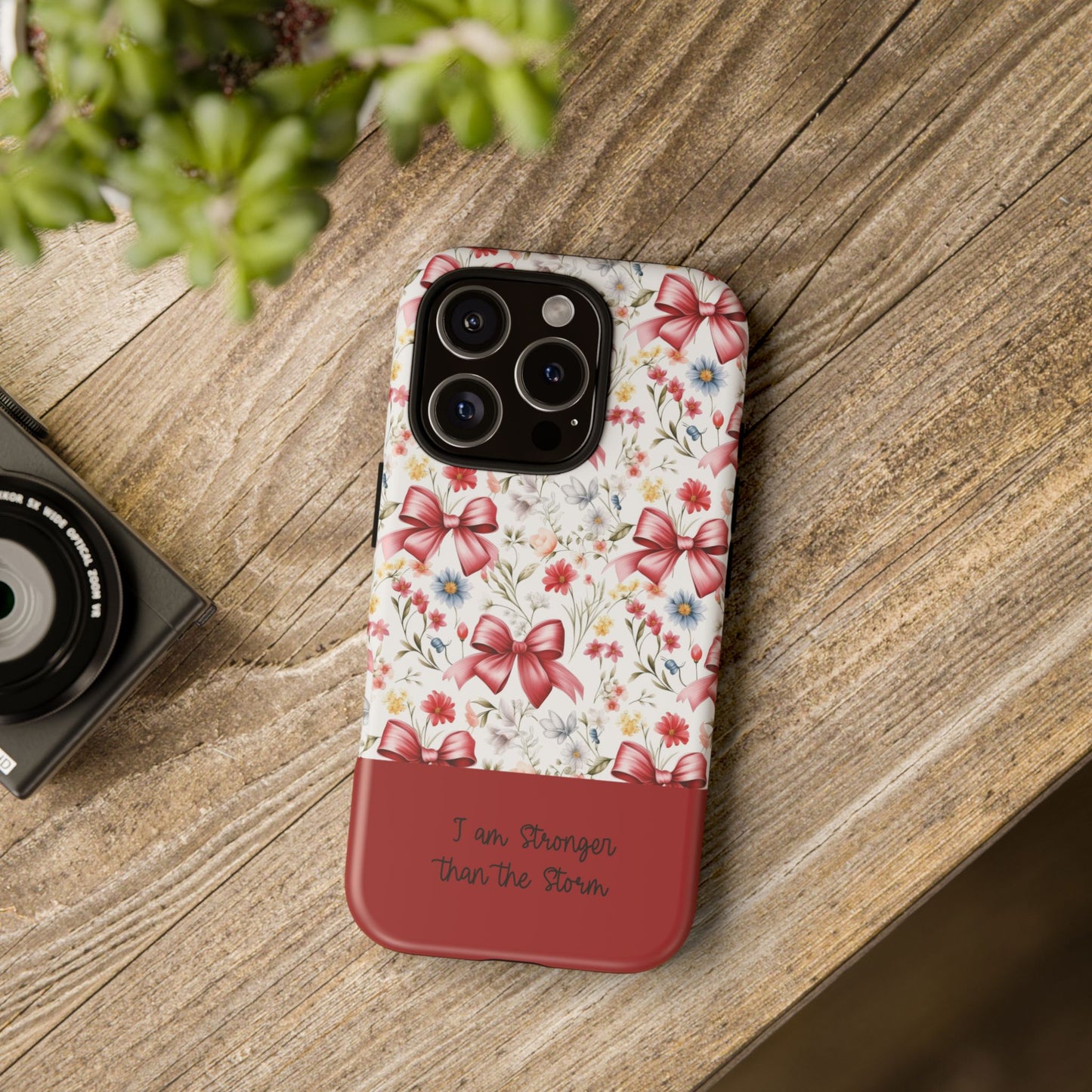 Personalized Rosette Coquette Phone Case - Custom Name/Message 'I Am Stronger Than The Storm' Floral Bow Protective Case