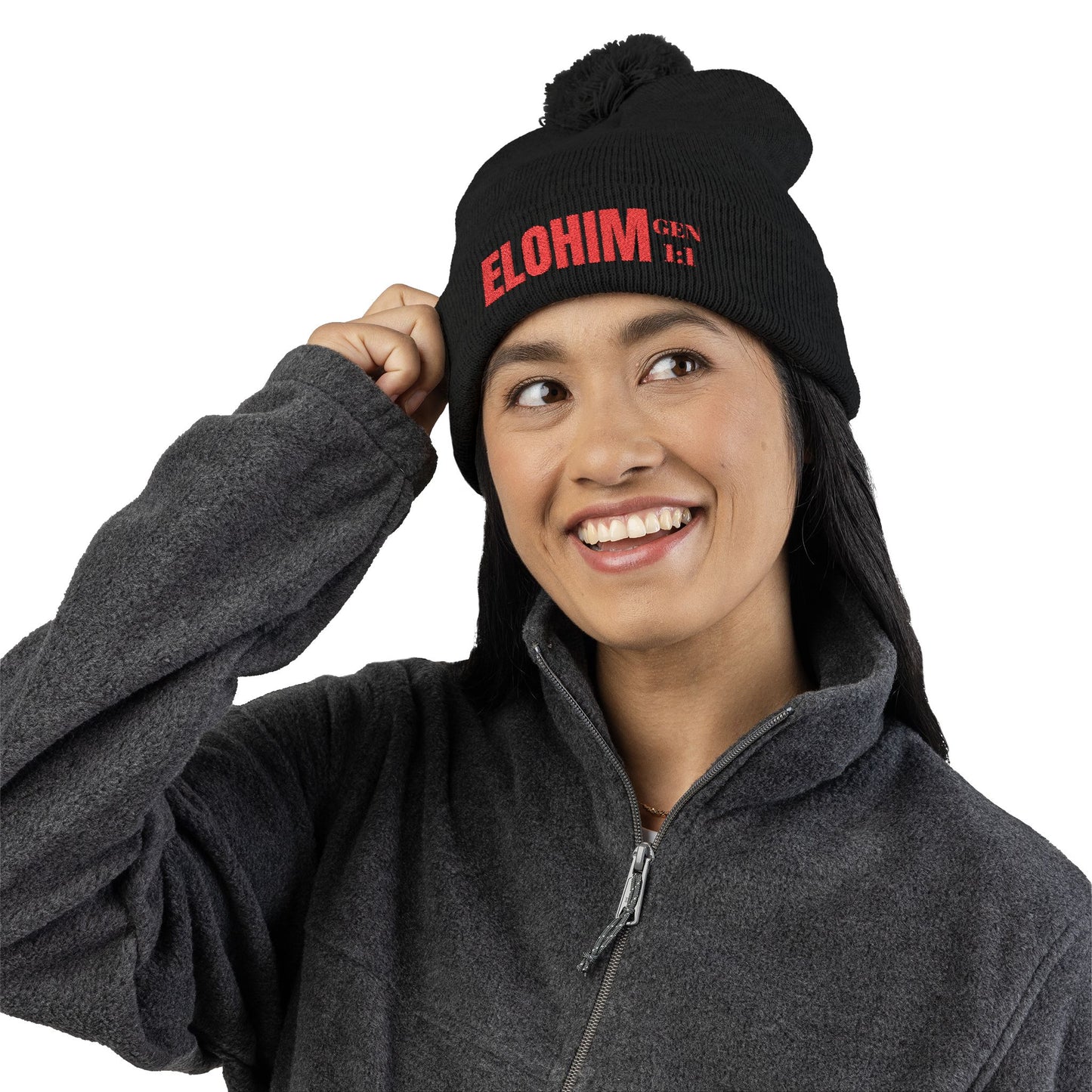 Red Pom-Pom Knit Cap with 'ELOHIM, GENESIS 1:1'  Embroidery Beanie - Stylish Winter Accessory for All Ages, Perfect Gift for Birthdays, Holidays, and Outdoor Activities