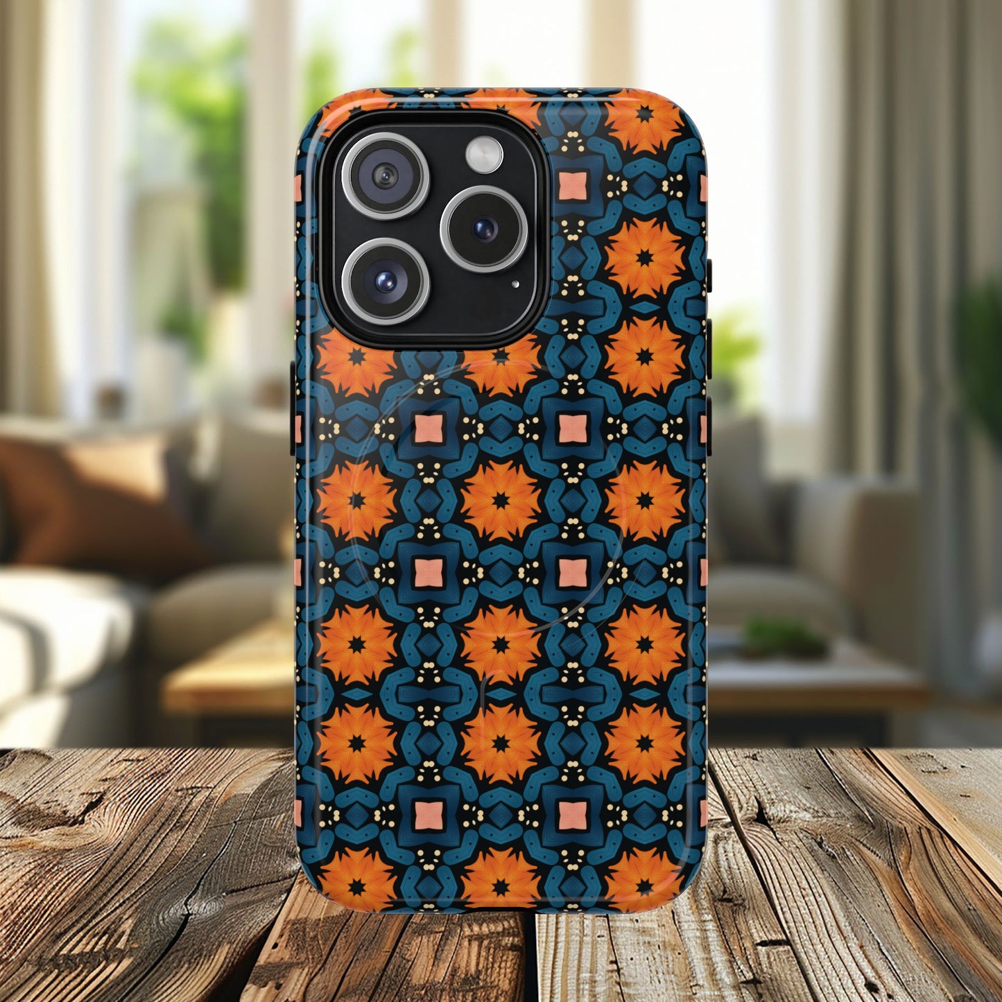 Saffron Tile Bloom Vibrant Floral Tough Magnetic iPhone Case, Durable iPhone Cover, Gift for Her, Floral Design, Unique iPhone Protection.