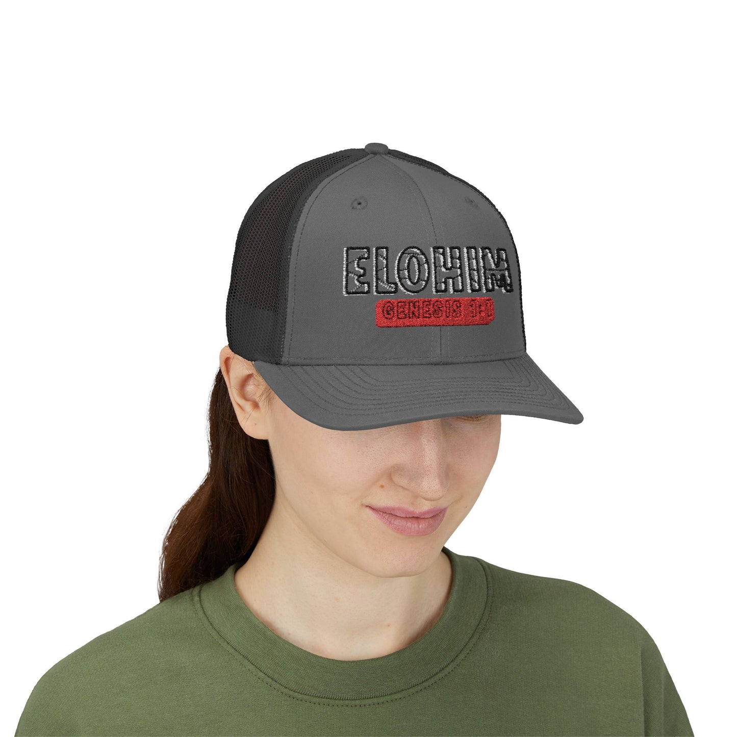 Embroidery Elohim Faith Snapback Trucker Cap - Religious Hat, Stylish Accessory, Gift for Believers, Casual Wear, Outdoor Events, Faith-Based, Name of GOD.