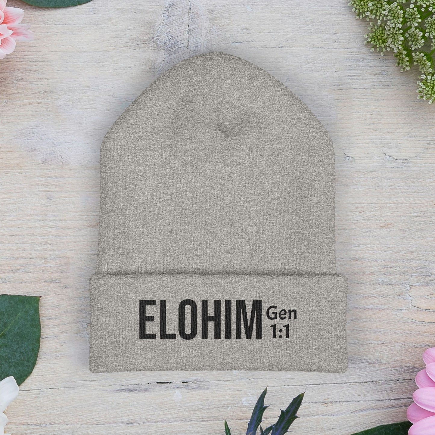 Embroidered 'ELOHIM, GENESIS 1:1' Classic Cuffed Beanie - Cozy Winter Hat, Streetwear Accessory, Personalized Gifts, Religious Apparel, Unisex Beanie