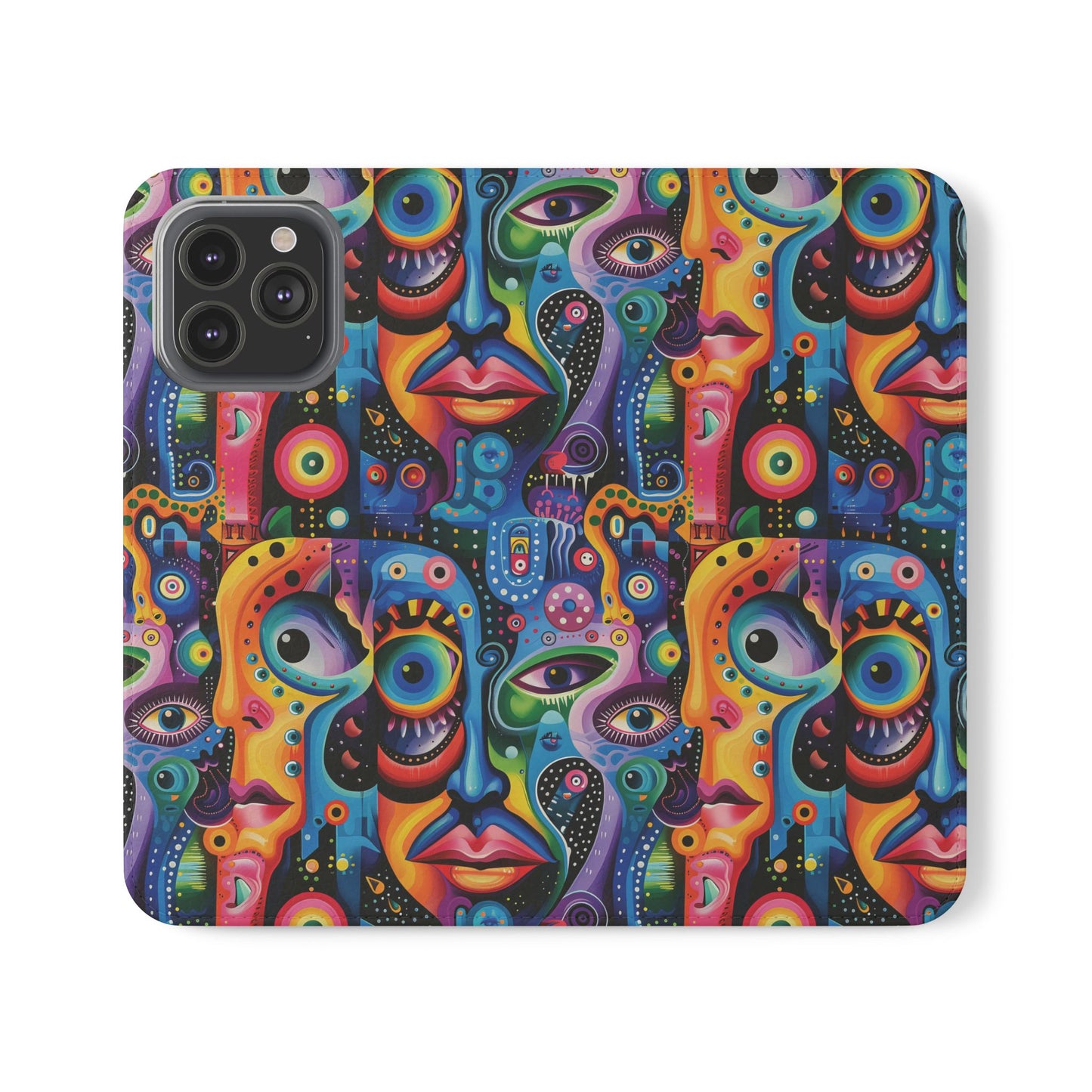 Psychedelic Visions Vibrant Art Flip iPhone and Samsung Phone Case - Colorful Faces Design for Phone Protection