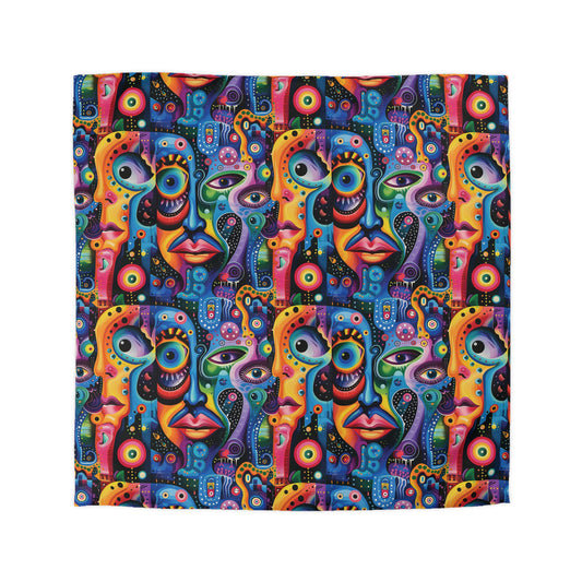 Psychedelic Visions Vibrant Abstract Art Microfiber Duvet Cover – Colorful Faces Design for Boho Bedroom Decor