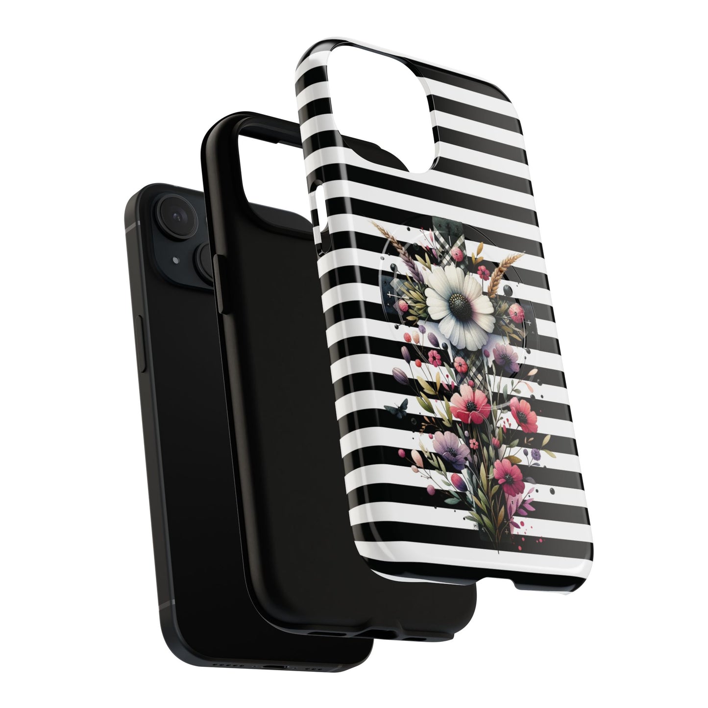 Faith in Bloom Tough iPhone Magnetic Case, iPhone Accessories, Floral iPhone Cover, Durable Cases for Gifts, Black and White Stripes