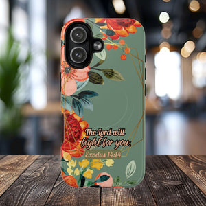 The Lord will Fight for You Exodus 14:14, Inspirational Gift, Tough iPhone Magnetic Case Scripture, Sunflower Bible Verse, MagSafe® iPhone® Tough Case, iPhone 14, iPhone 15, iPhone 16, Pro, Pro Max, Plus.