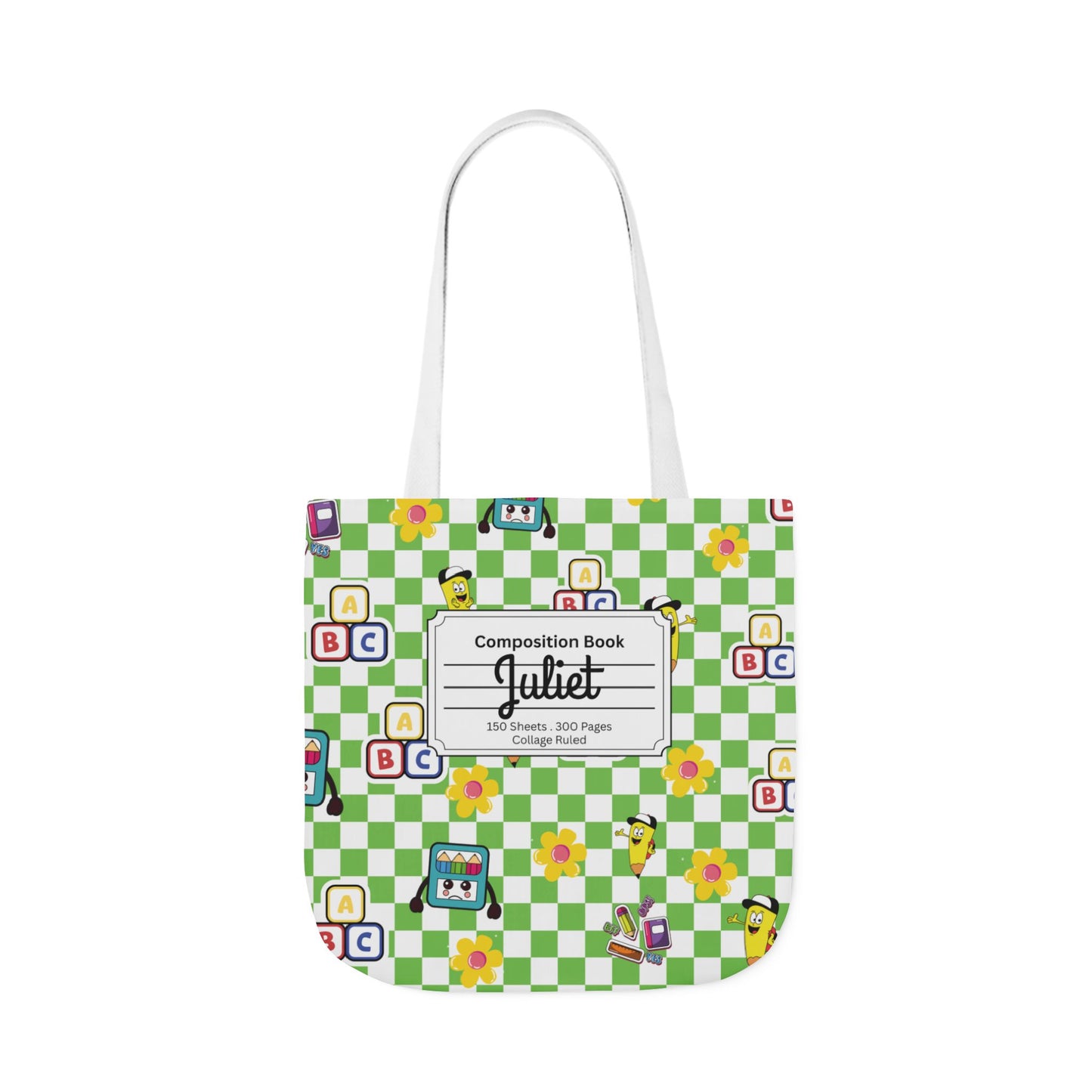 Personalized Green Schoolyard Chic Composition Book Inspired Canvas Tote Bag with Colorful Straps, Cute School Bag, Eco-Friendly Tote, Back to School Shopping Bag, Teacher Gift Idea