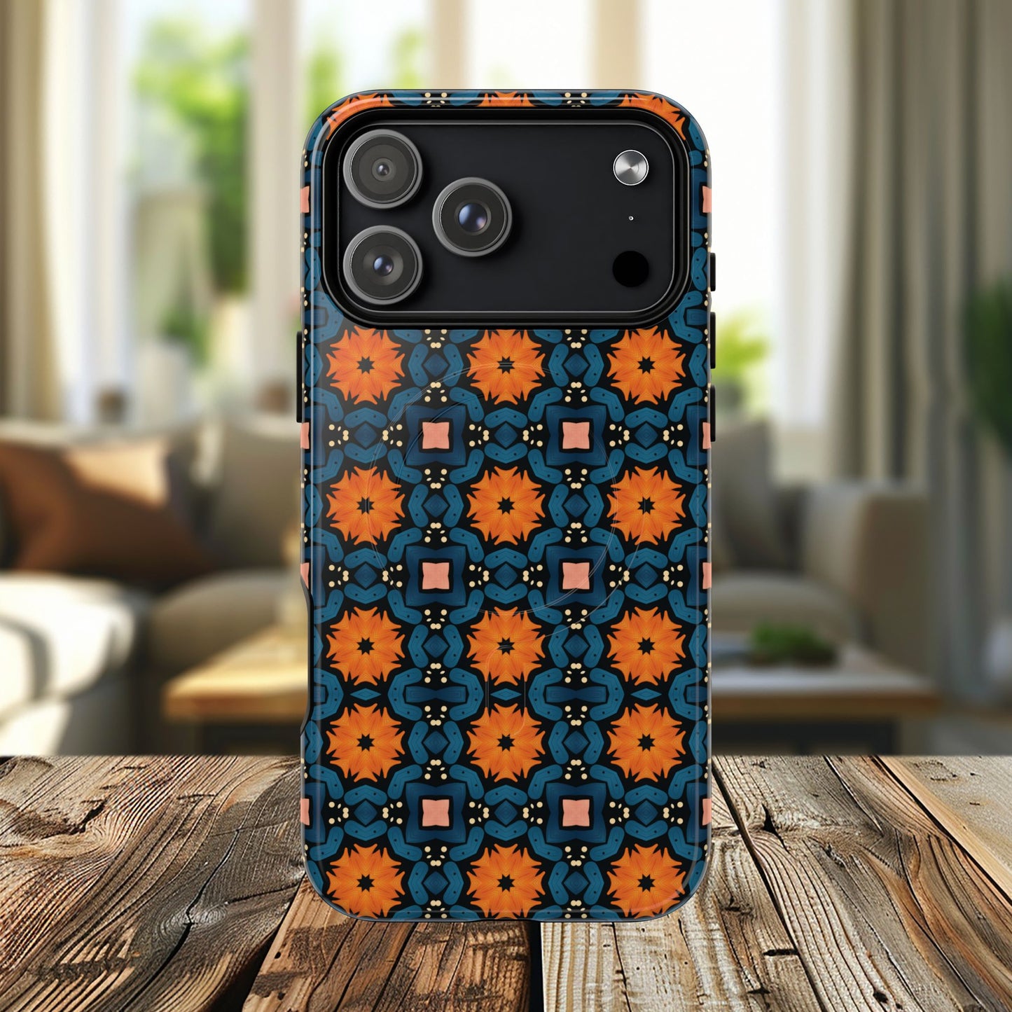 Saffron Tile Bloom Vibrant Floral Tough Magnetic iPhone Case, Durable iPhone Cover, Gift for Her, Floral Design, Unique iPhone Protection.
