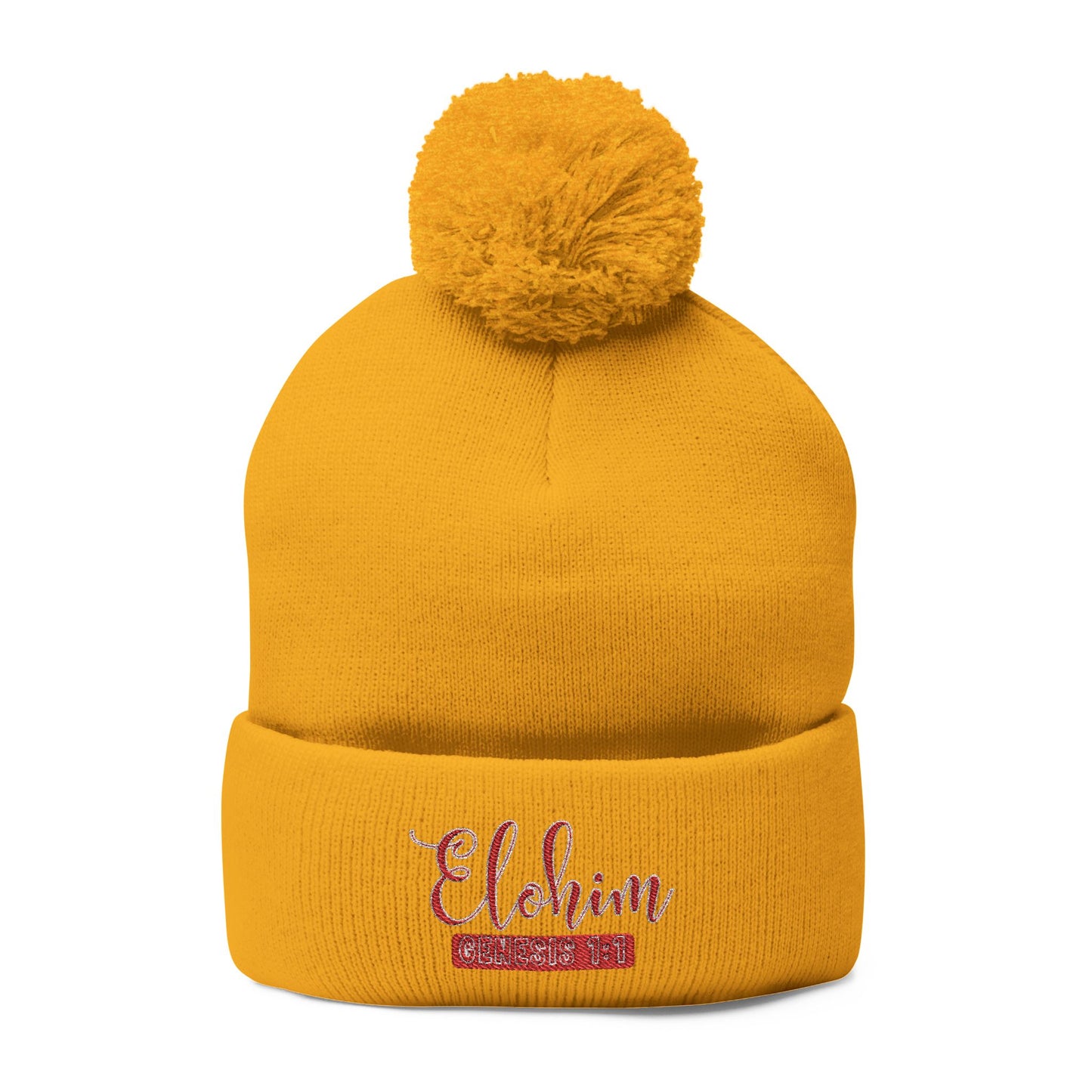 Red Pom-Pom Knit Cap with 'ELOHIM, GENESIS 1:1'  Embroidery Beanie - Stylish Winter Accessory for All Ages, Perfect Gift for Birthdays, Holidays, and Outdoor Activities