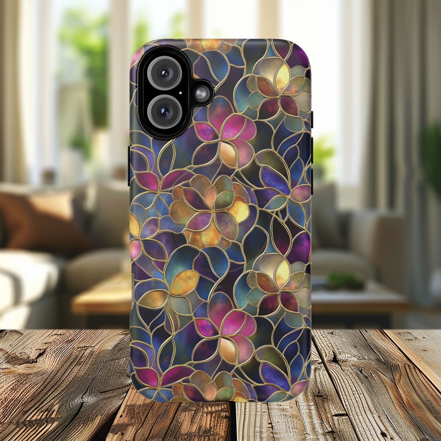 Chromatic Bloom Tough iPhone Magnetic Case, Tough iPhone Cover, Floral iPhone Accessory, Birthday Gift, Elegant Tech Decor, MagSafe Stained Glass Pattern.