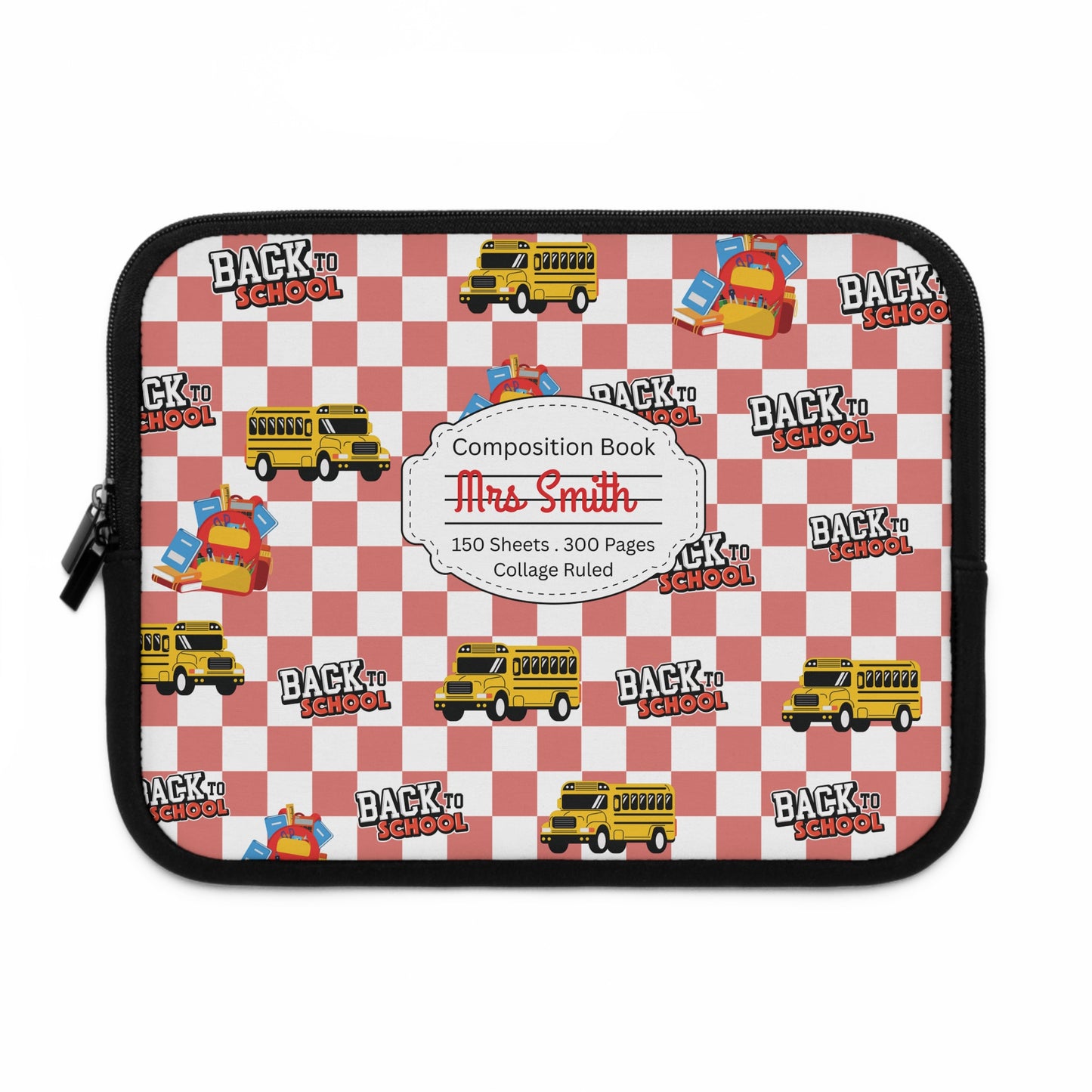 Personalized Red SchoolYard Chic Laptop Sleeve with Composition Book Inspired Design, Customizable Tech Case, School Supplies, Gift for Students, College Essentials, Back to School
