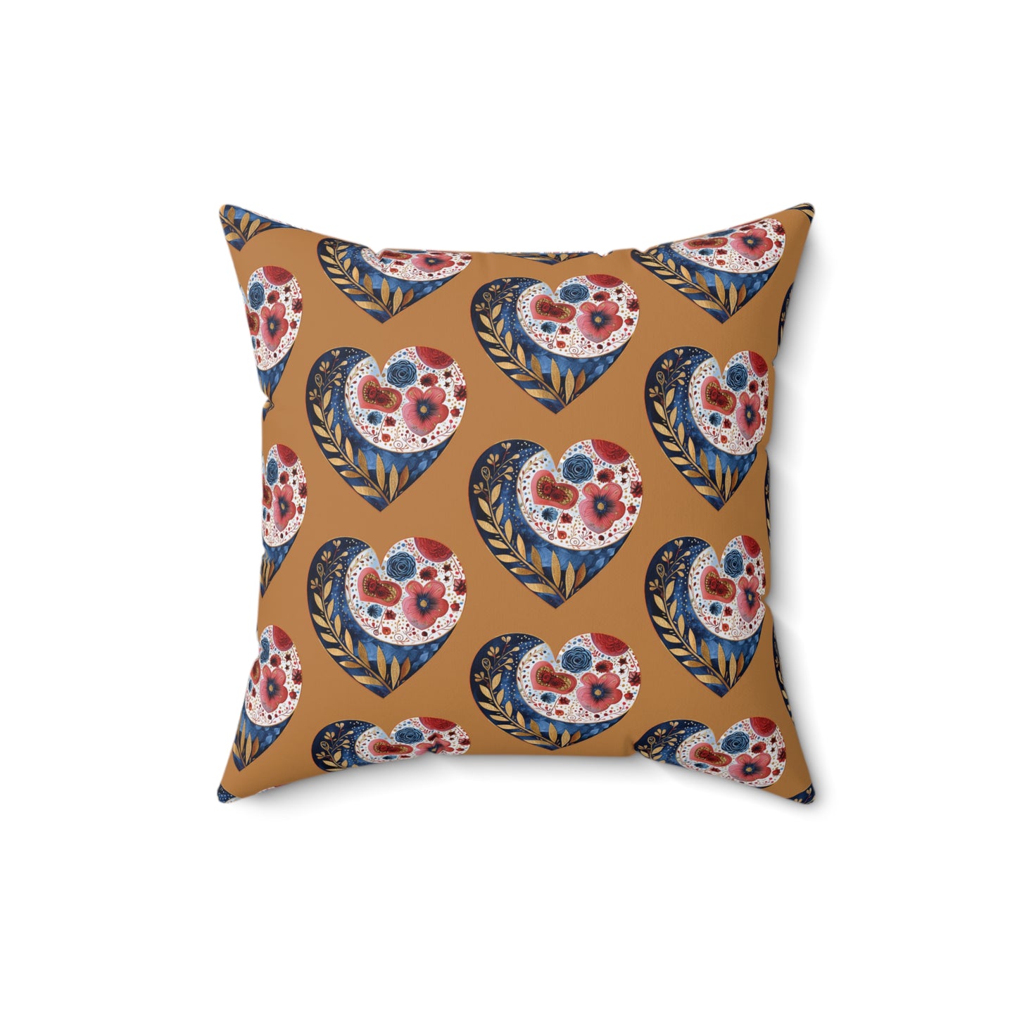 Brown Floral Heart Spun Polyester Square Pillow