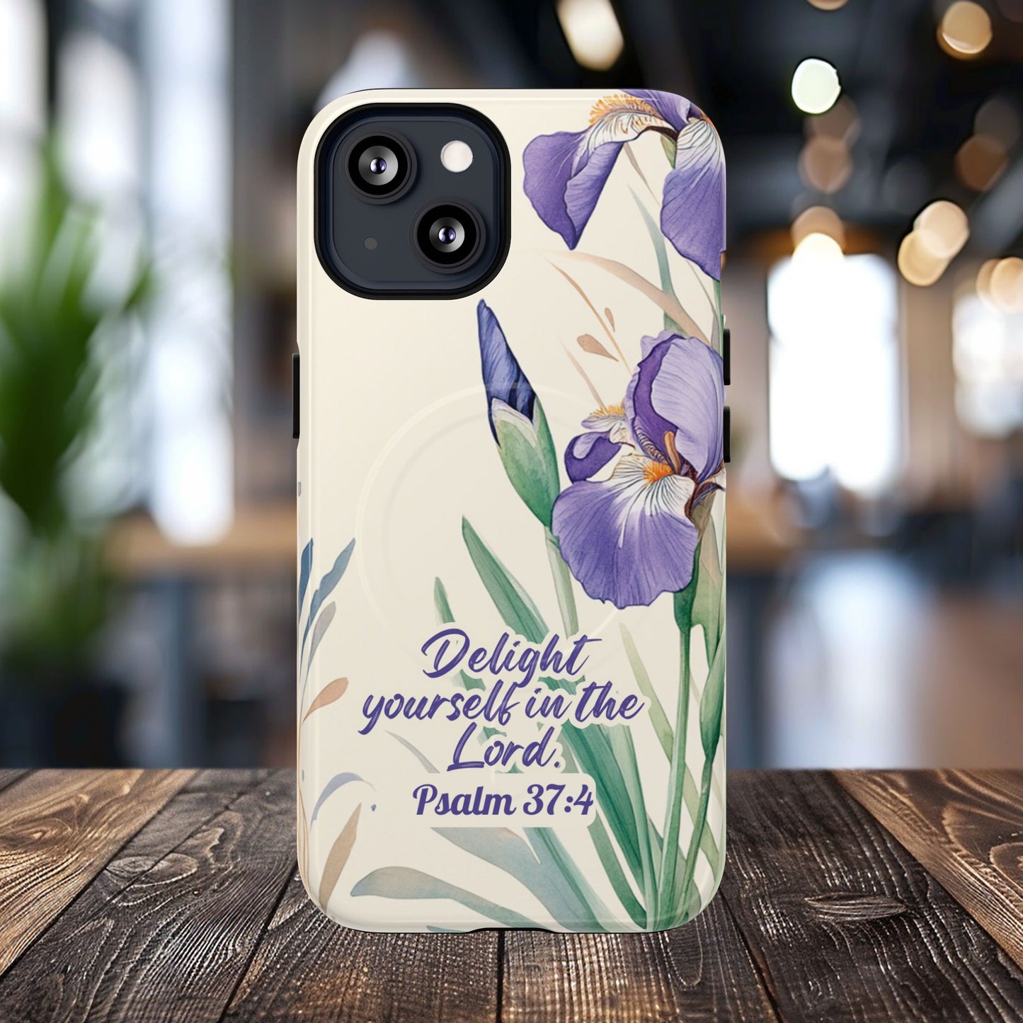 Delight yourself in the Lord Psalm 37:4, Inspirational Gift, iPhone Magnetic Case Scripture, Floral Bible Verse, MagSafe® iPhone® Tough Case, iPhone 14, iPhone 15, iPhone 16, Pro, Pro Max, Plus.