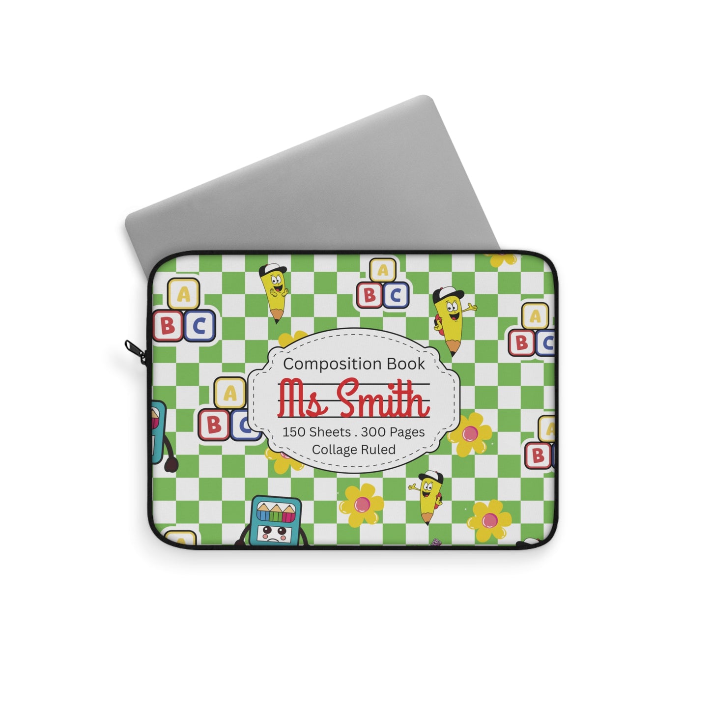 Personalized Green SchoolYard Chic Laptop Sleeve with Composition Book Inspired Design, Educational Gift for Teachers, Classroom Organization, Back to School, Unique Teacher Accessory
