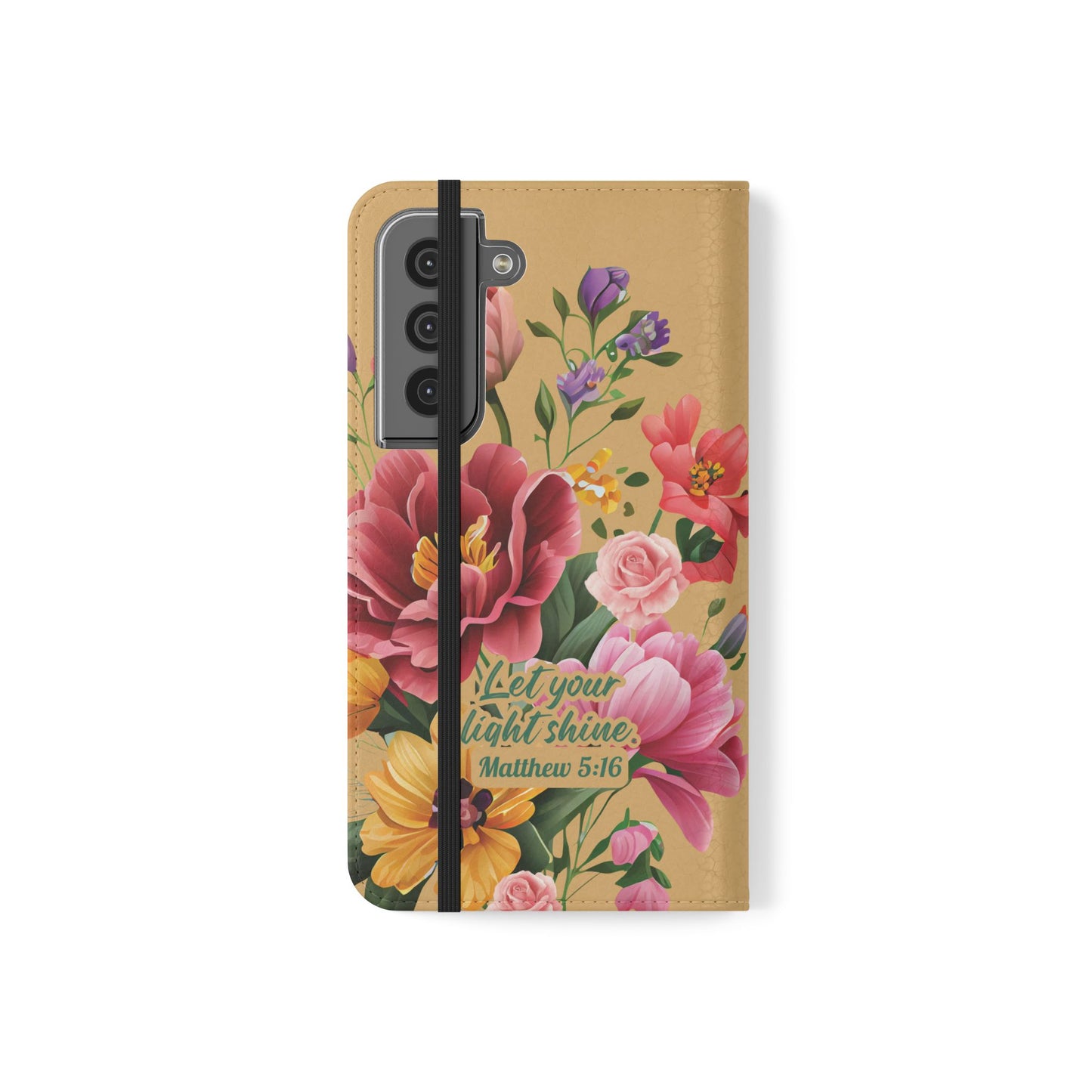 Floral Scripture Flip Case — "Let Your Light Shine" Wallet Phone Cover (Matthew 5:16)