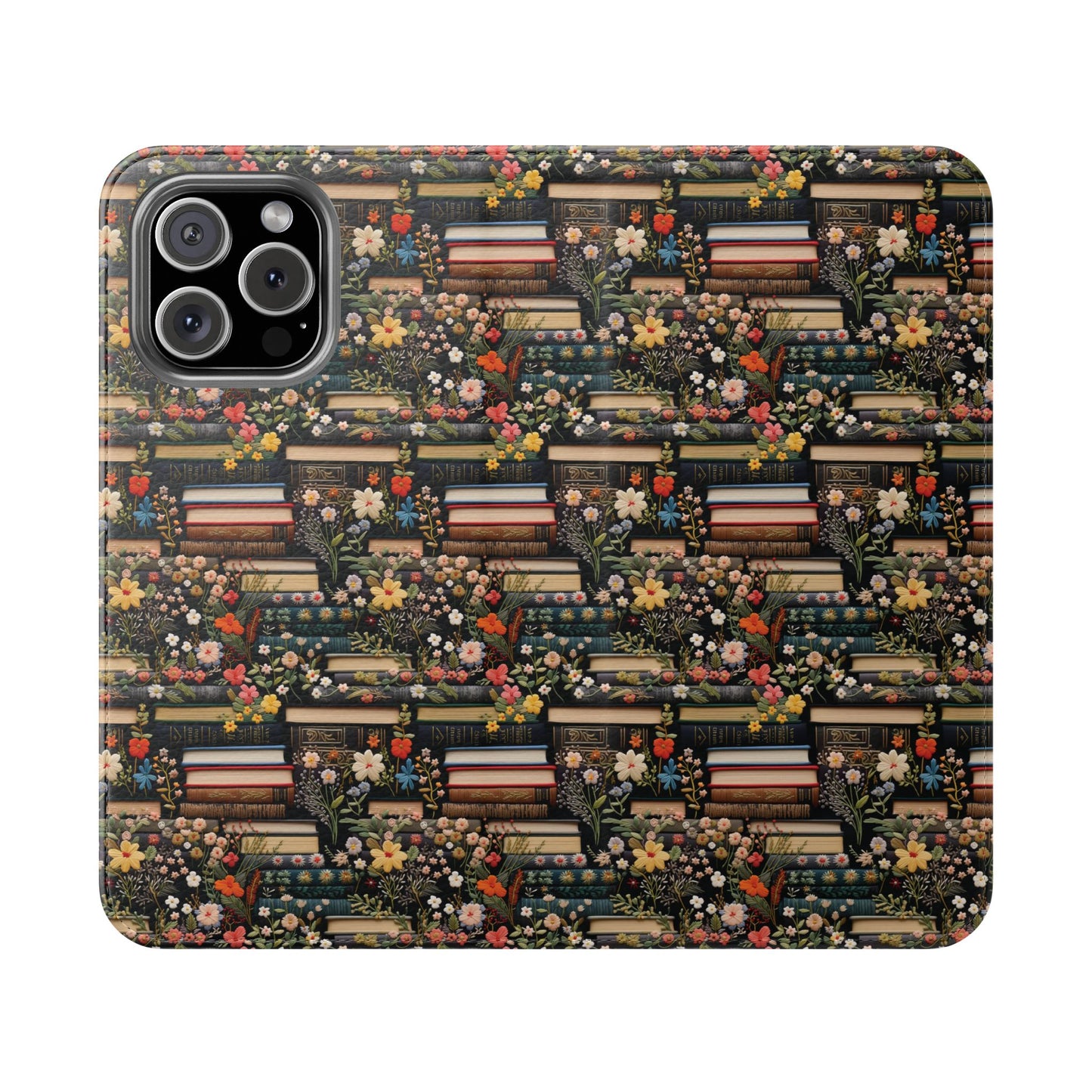 Book Stack Floral Flip iPhone and Samsung Phone Case — Vintage Library Wallet Cover.