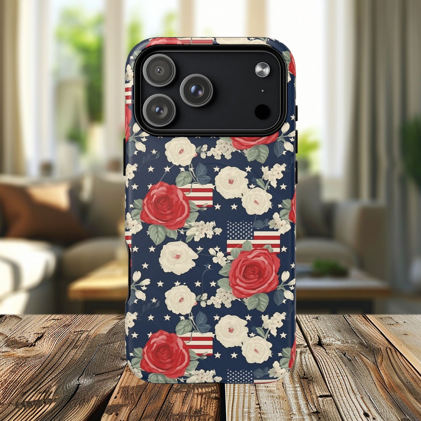 Liberty in Bloom Tough iPhone Magnetic Case, Floral Design, Gift for Moms, Gift for Dads,  iPhone Accessories, Patriotic iPhone Accessory.