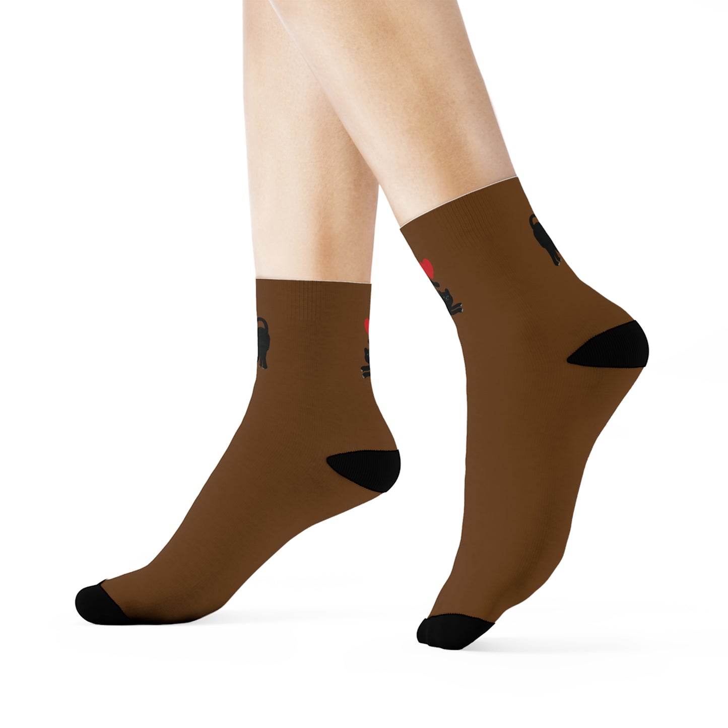 Black Cat and Heart Crew Socks - Soft & Elastic Polyester/Spandex Blend - One Size Fits All