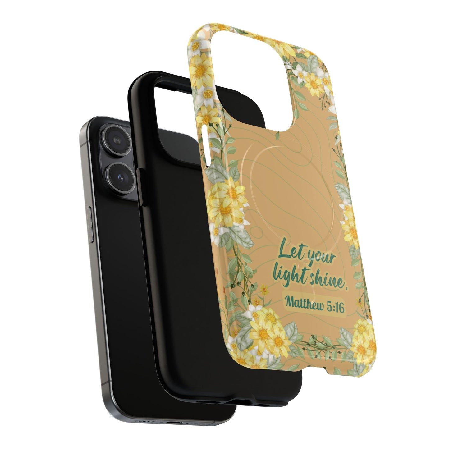 Let your Light Shine Matthew 5:16, Inspirational Gift, Tough iPhone Magnetic Case Scripture, Floral Bible Verse, MagSafe® iPhone® Tough Case, iPhone 14, iPhone 15, iPhone 16, Pro, Pro Max, Plus.