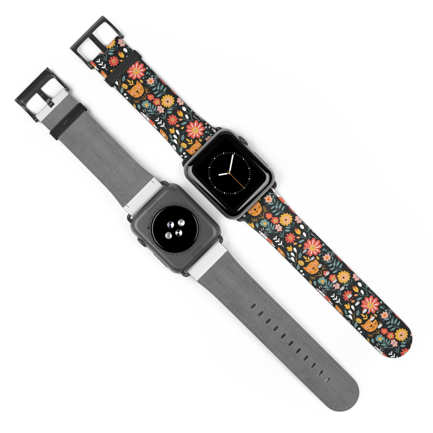 Whimsical Feline Garden Print Watch Band for Apple Watch - Cute Animal Design.