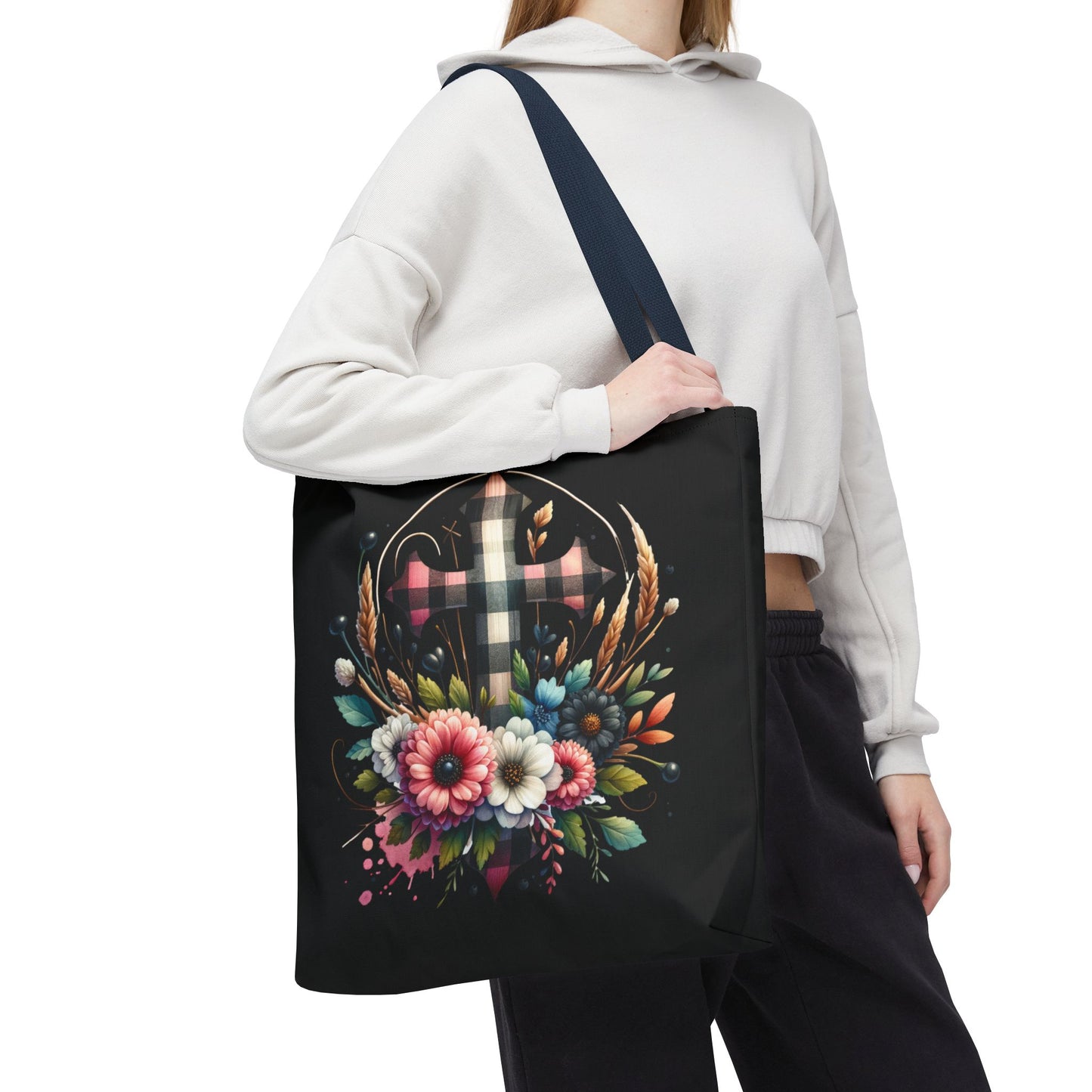 Faith and Floral Cross Heart Tote Bag