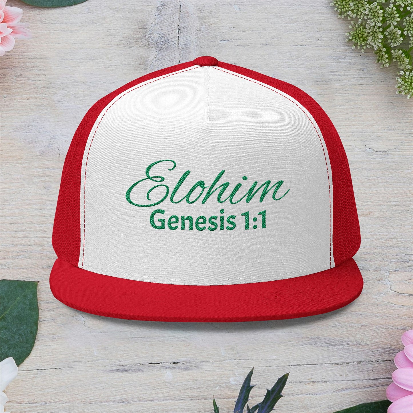 Green 'ELOHIM, GENESIS 1:1'  Embroidered 5 Panel Trucker Cap | Casual Style Hat, Adjustable, Unisex, Perfect Gift for Outdoors, Festivals, Daily Wear