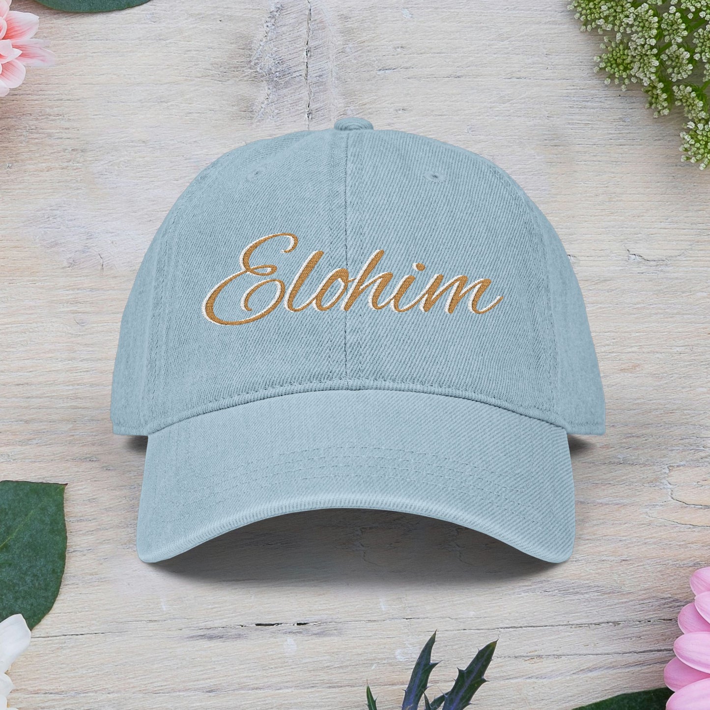 Denim 'ELOHIM, GENESIS 1:1' Hat (Embroidery), Stylish Casual Hat, Gift for Him/Her, Summer Accessory, Trendy Streetwear, Spiritual Fashion.