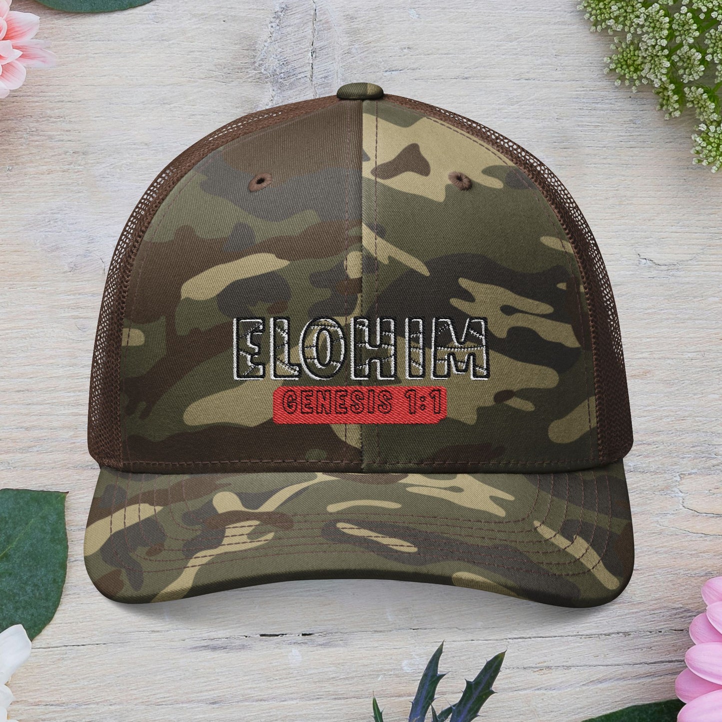 Camouflage Embroidered Trucker Hat with 'ELOHIM, GENESIS 1:1', Casual Style Hat, Adjustable, Unisex, Perfect Gift for Outdoors, Festivals, Daily Wear.