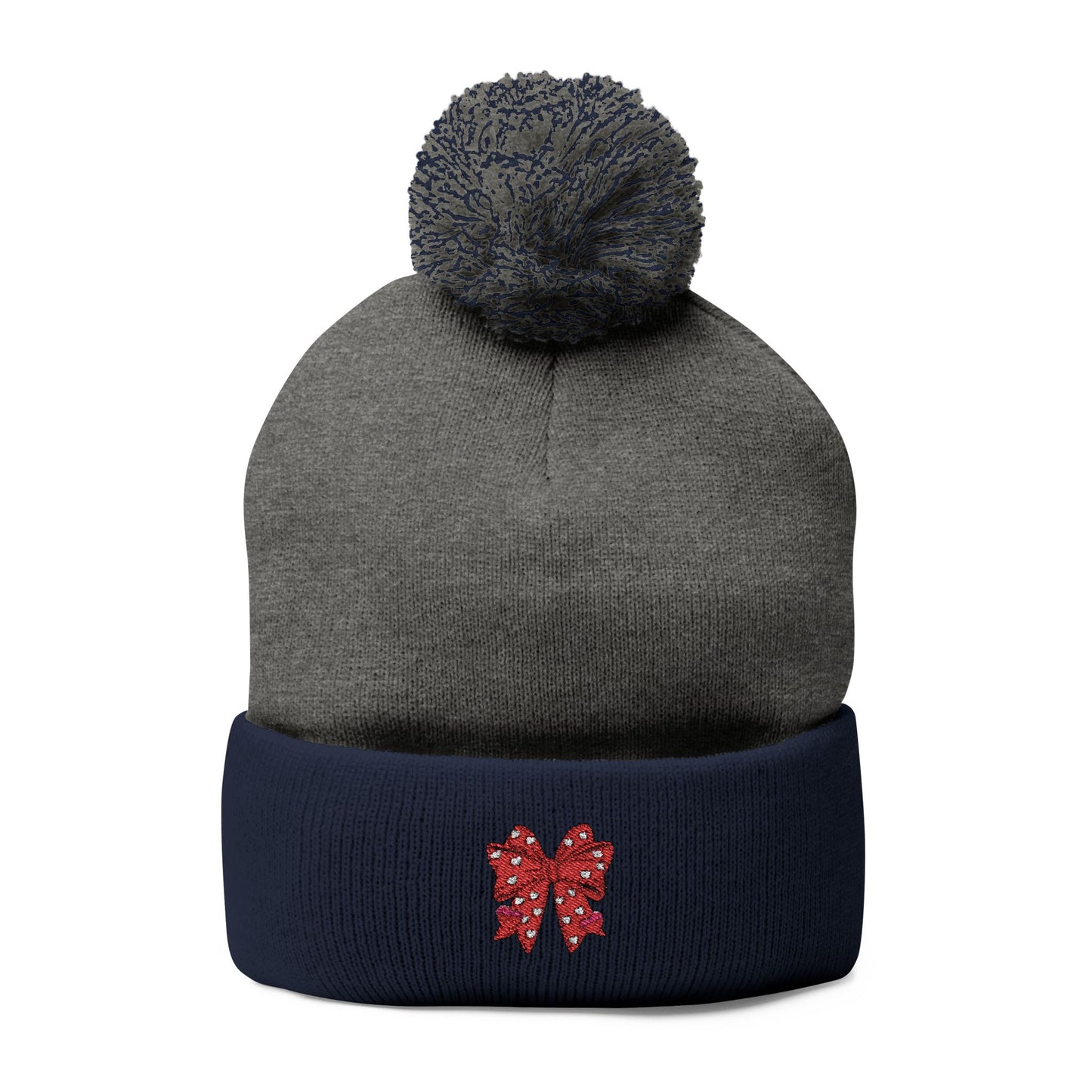 Cozy Pom-Pom Coquette Knit Cap with Embroidered Red Bow