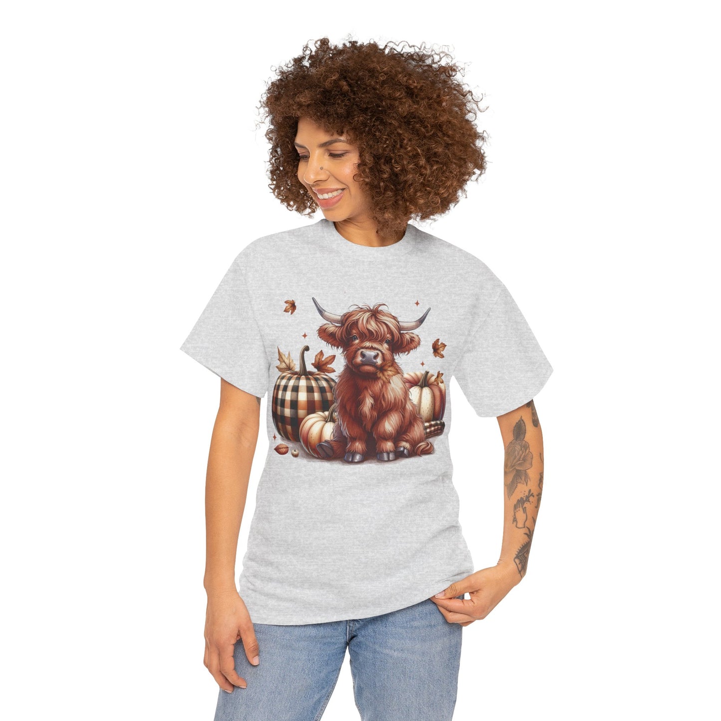 Autumn Highland Cow Charm Unisex Heavy Cotton Tee