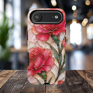 Stained Glass Effect Carnation Floral Tough Phone Case – Pink Vintage Botanical Protective Cover