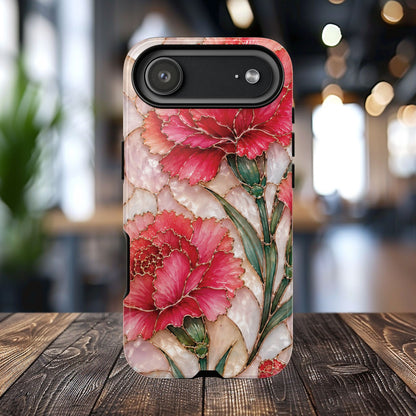 Stained Glass Effect Carnation Floral Tough Phone Case – Pink Vintage Botanical Protective Cover