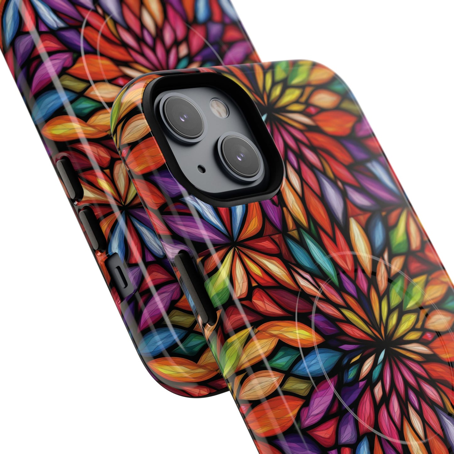 Prism Bloom Tough iPhone Magnetic Case, Stained Glass  MagSafe Cases, iPhone Accessory, Floral Design, Unique Gift, iPhone Protection
