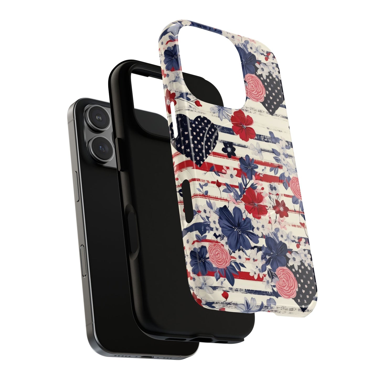 Patriotic Floral Phone Case, Tough Magnetic Cases, American Flag Design, Gift for Her, Independence Day Accessories