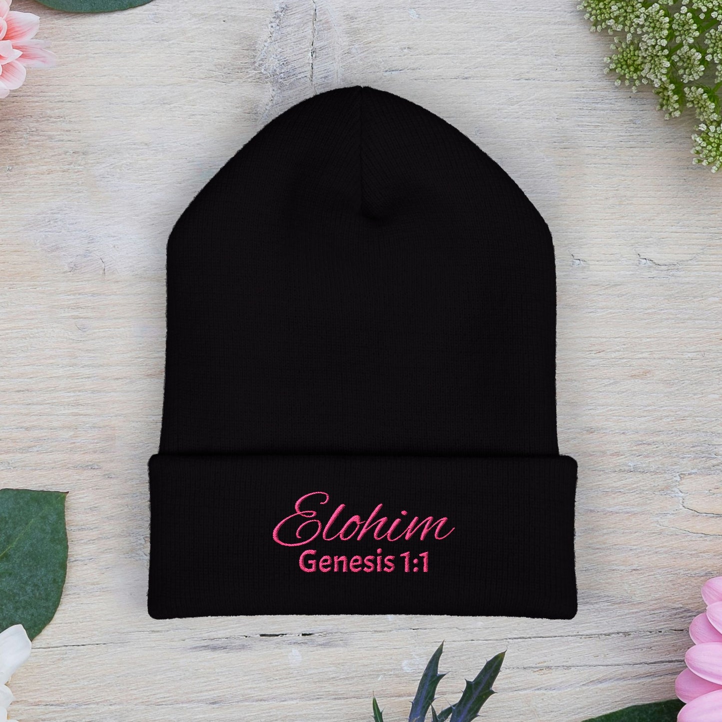 Pink Embroidered 'ELOHIM, GENESIS 1:1' Classic Cuffed Beanie - Cozy Winter Hat, Streetwear Accessory, Personalized Gifts, Religious Apparel, Unisex Beanie