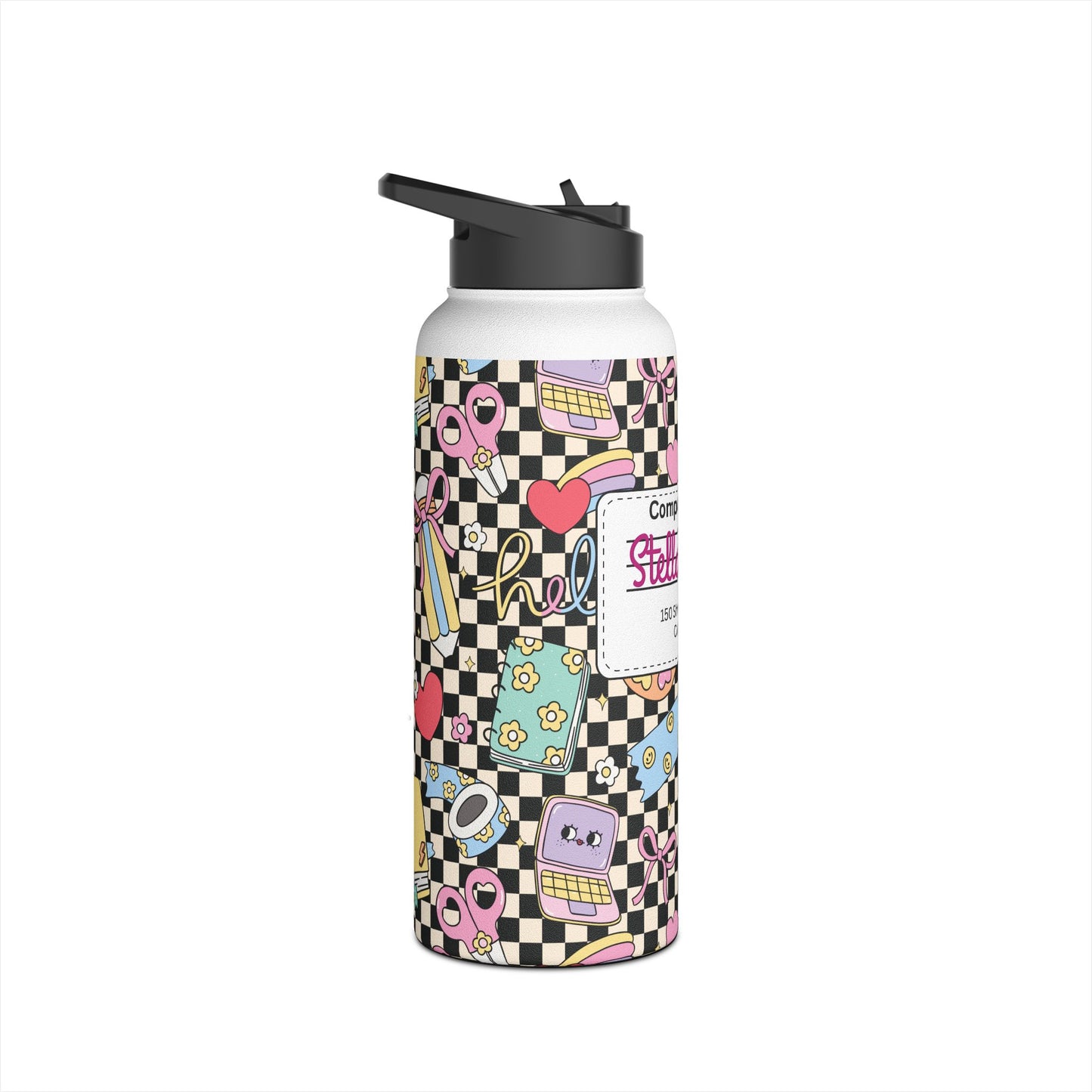 Personalized Black Doodle Daydream Composition Book Inspired Stainless Steel Water Bottle for Kids, School Supplies, Eco-Friendly Drinkware, Back to School, Teacher Gifts