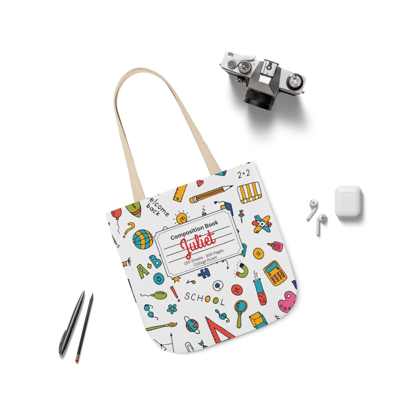 Personalized Classroom Couture Composition Book Inspired Canvas Tote Bag with Colorful Straps, Cute School Bag, Eco-Friendly Tote, Back to School Shopping Bag, Teacher Gift Idea