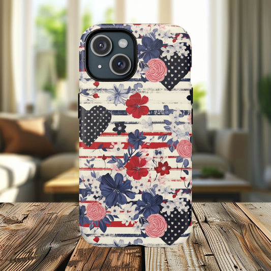 Patriotic Floral Phone Case, Tough Magnetic Cases, American Flag Design, Gift for Her, Independence Day Accessories