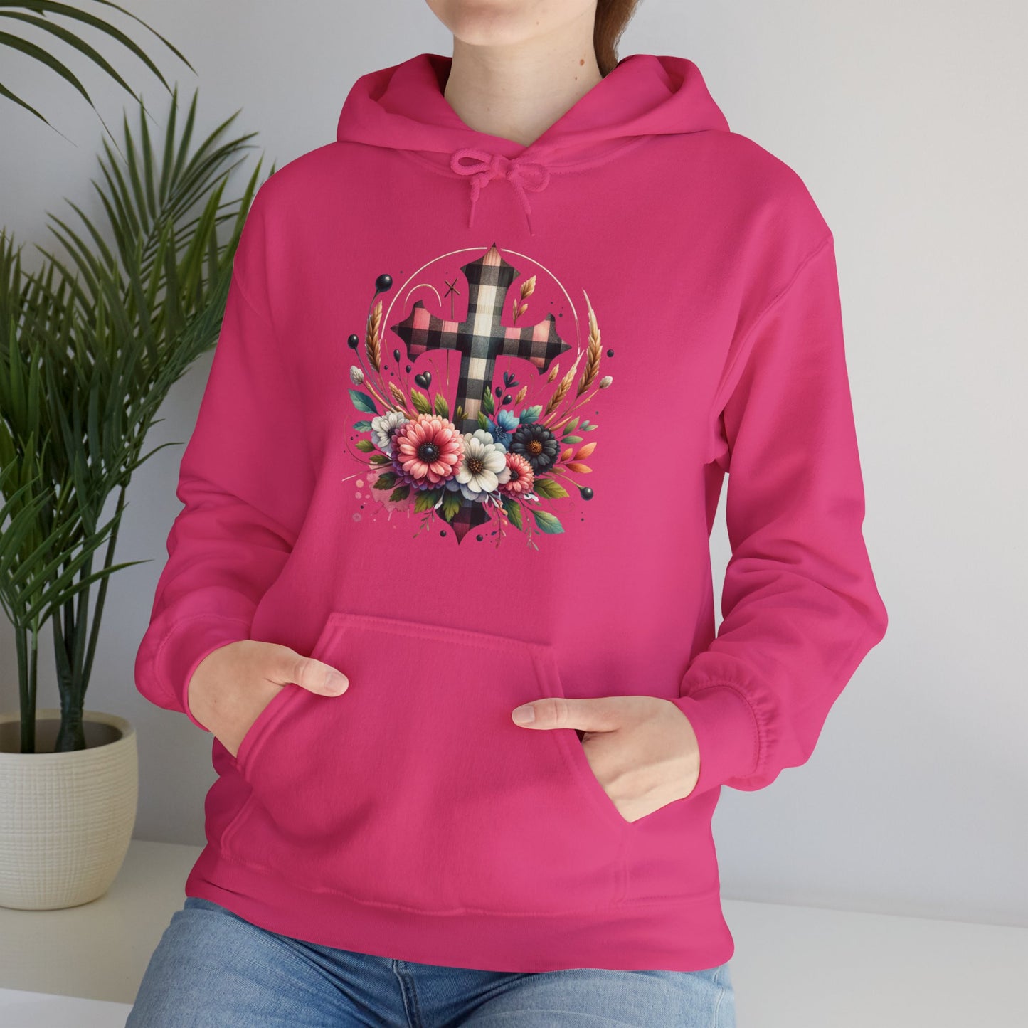 Faith and Floral Cross Unisex Heavy Blend™ Gildan Hooded Sweatshirt.