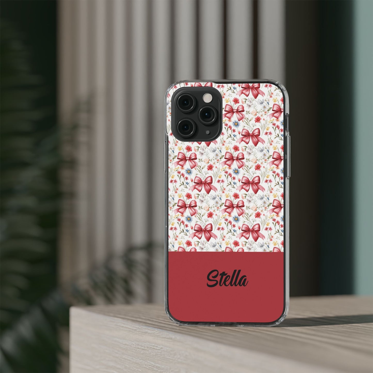 Personalized Rosette Coquette Floral Bow Clear iPhone, Samsung Cases — Custom Name Phone Cover