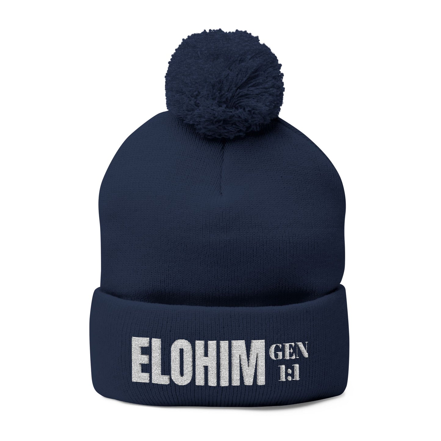 Pom-Pom Knit Cap with 'ELOHIM, GENESIS 1:1'  Embroidery Beanie - Stylish Winter Accessory for All Ages, Perfect Gift for Birthdays, Holidays, and Outdoor Activities
